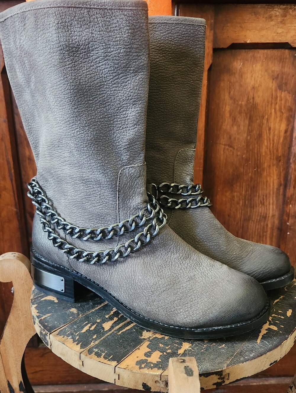 Gray Leather Mid-Calf Boots with Chunky Chain Detail